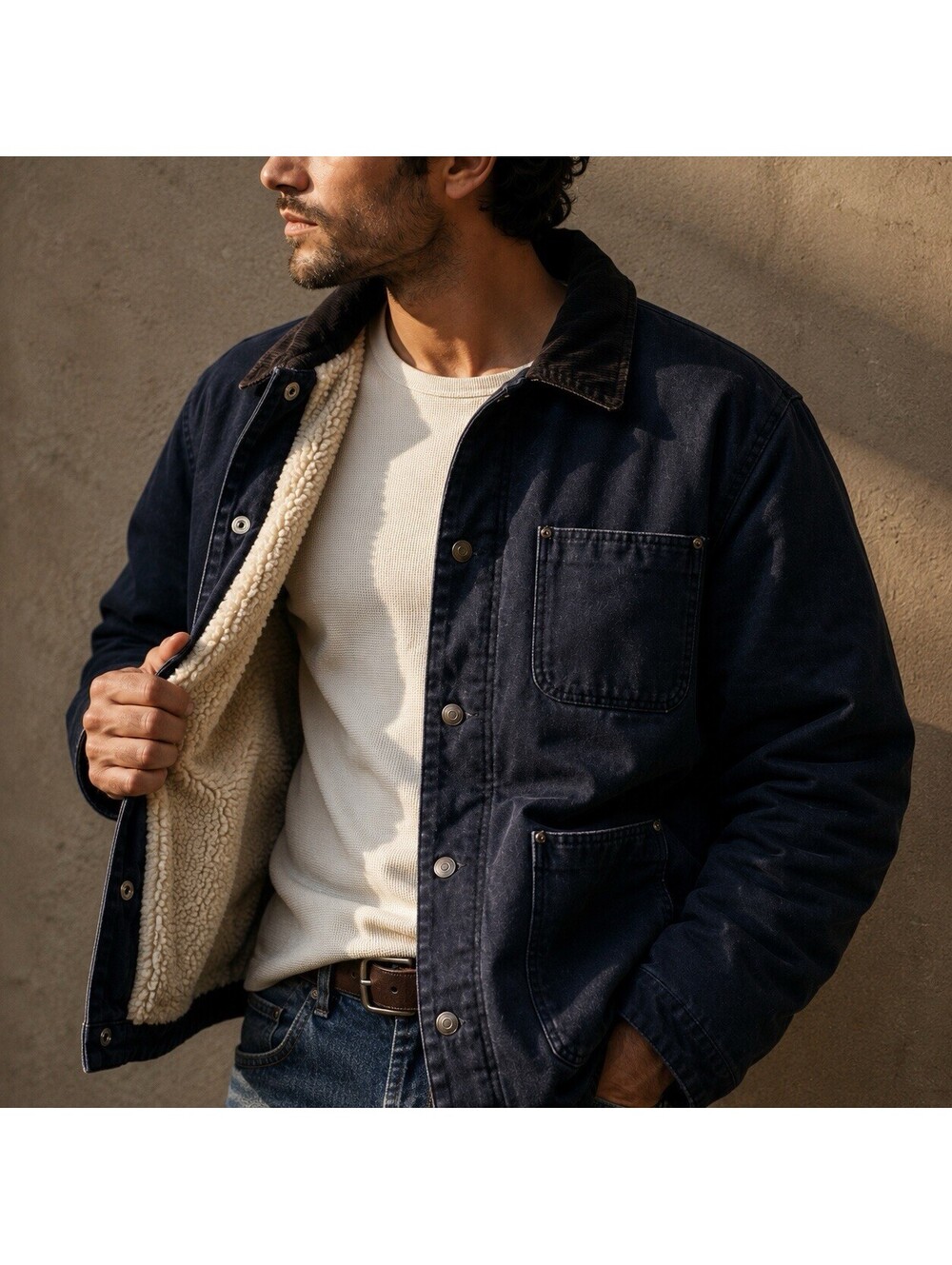 Sherpa Lined Barn Jacket Dark Navy Blue Corduroy Collar Chore Coat XL